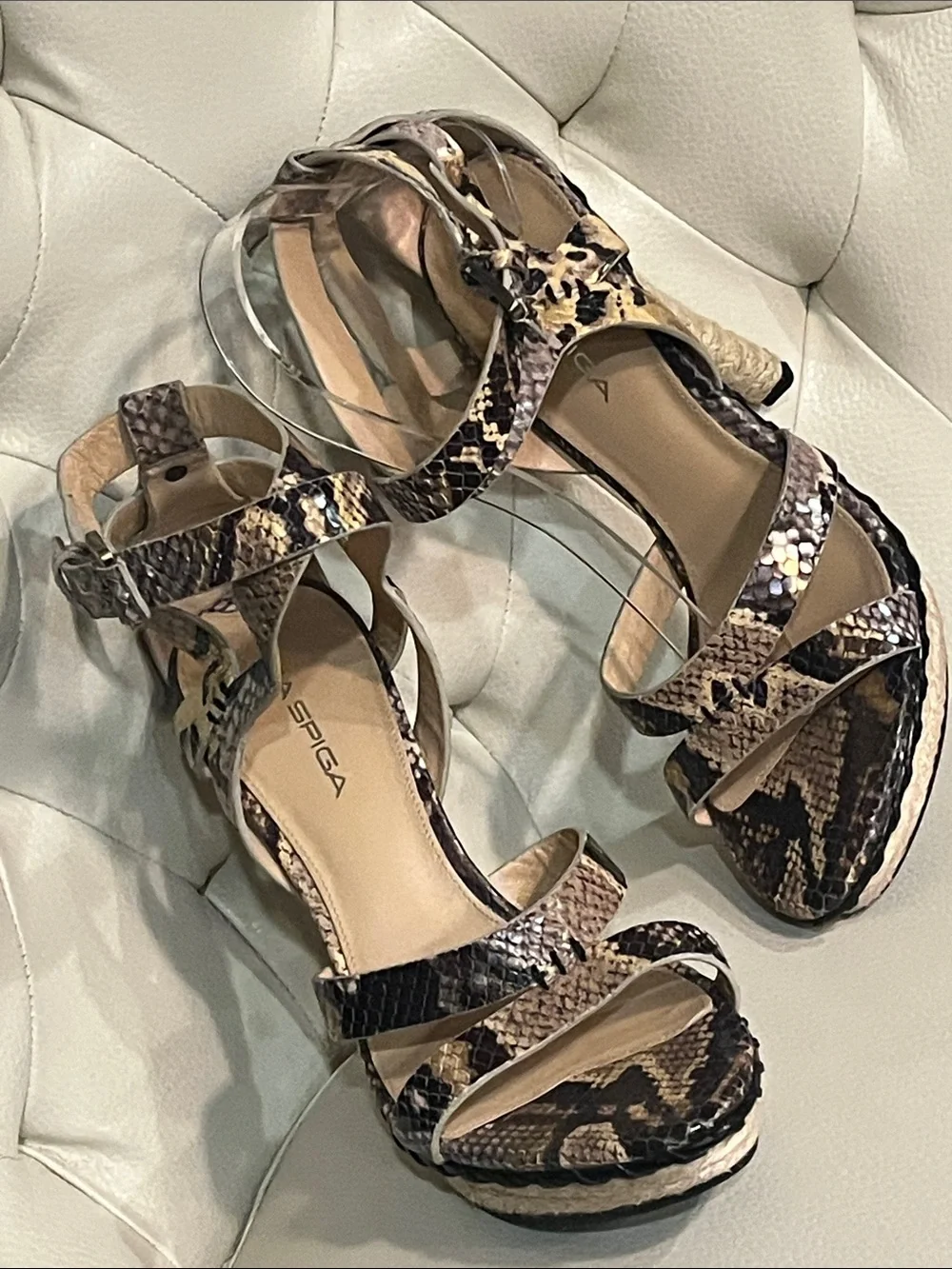 Via Spiga Snake-Print Brown Strappy High Heel Sandals Espadrille design Size 8